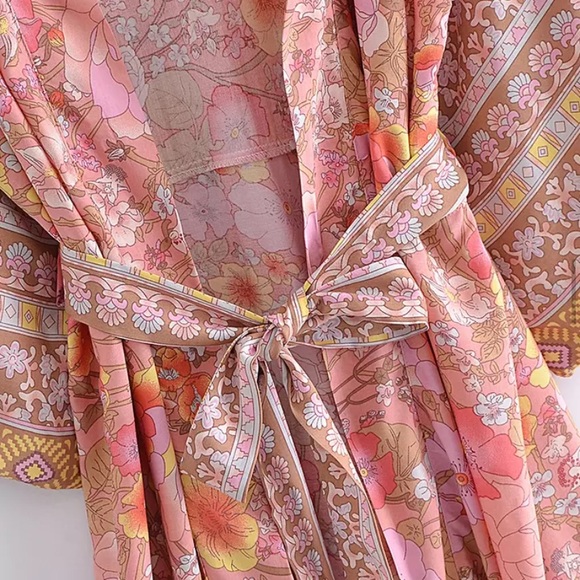 New Bohemian Floral Kimono Duster Jacket Robe Swim Cover Up - Picture 4 of 8
